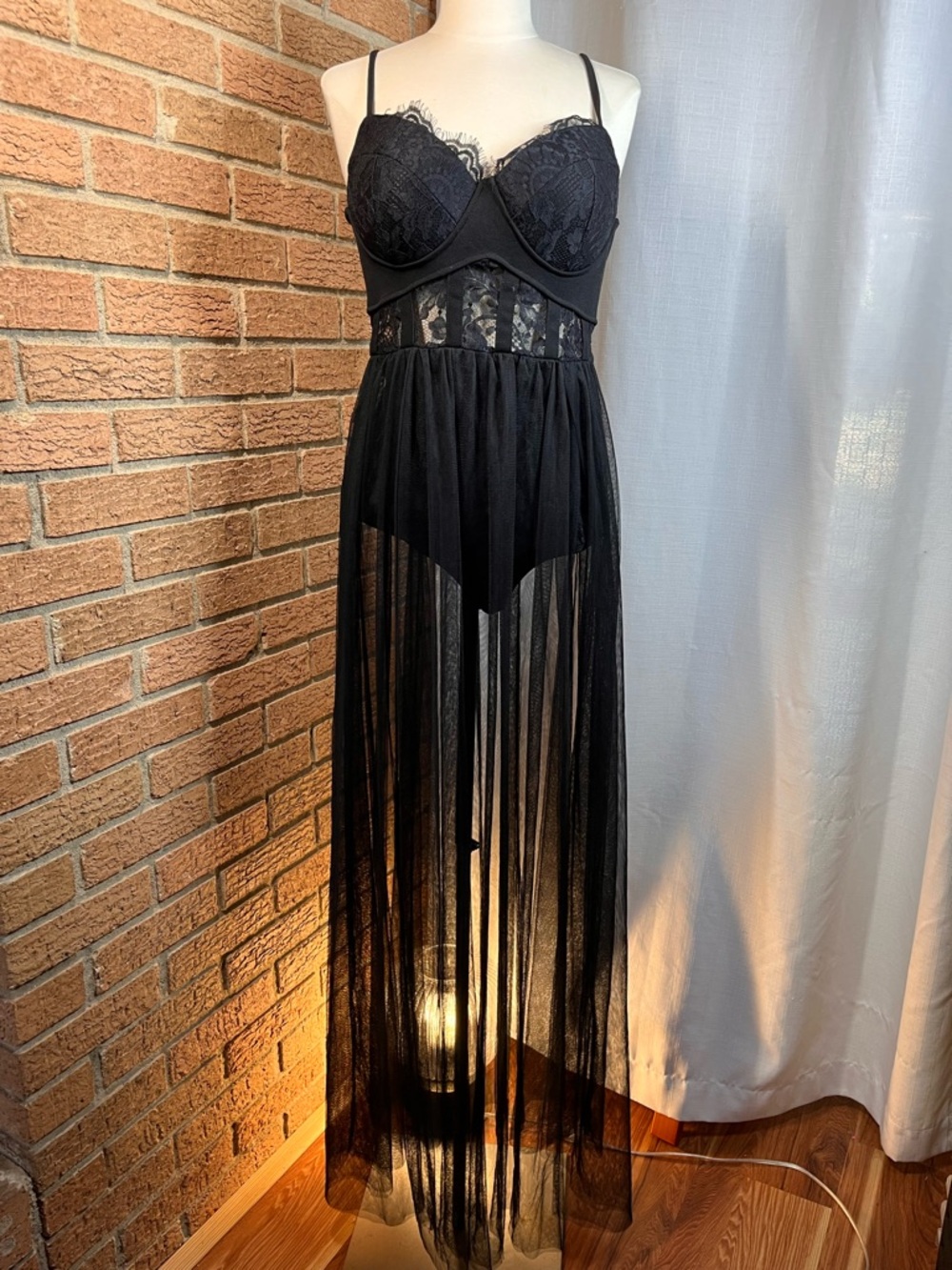 Fashion Nova Sheer Mesh Corset Maxi Dress Black Lace Bodysuit Large